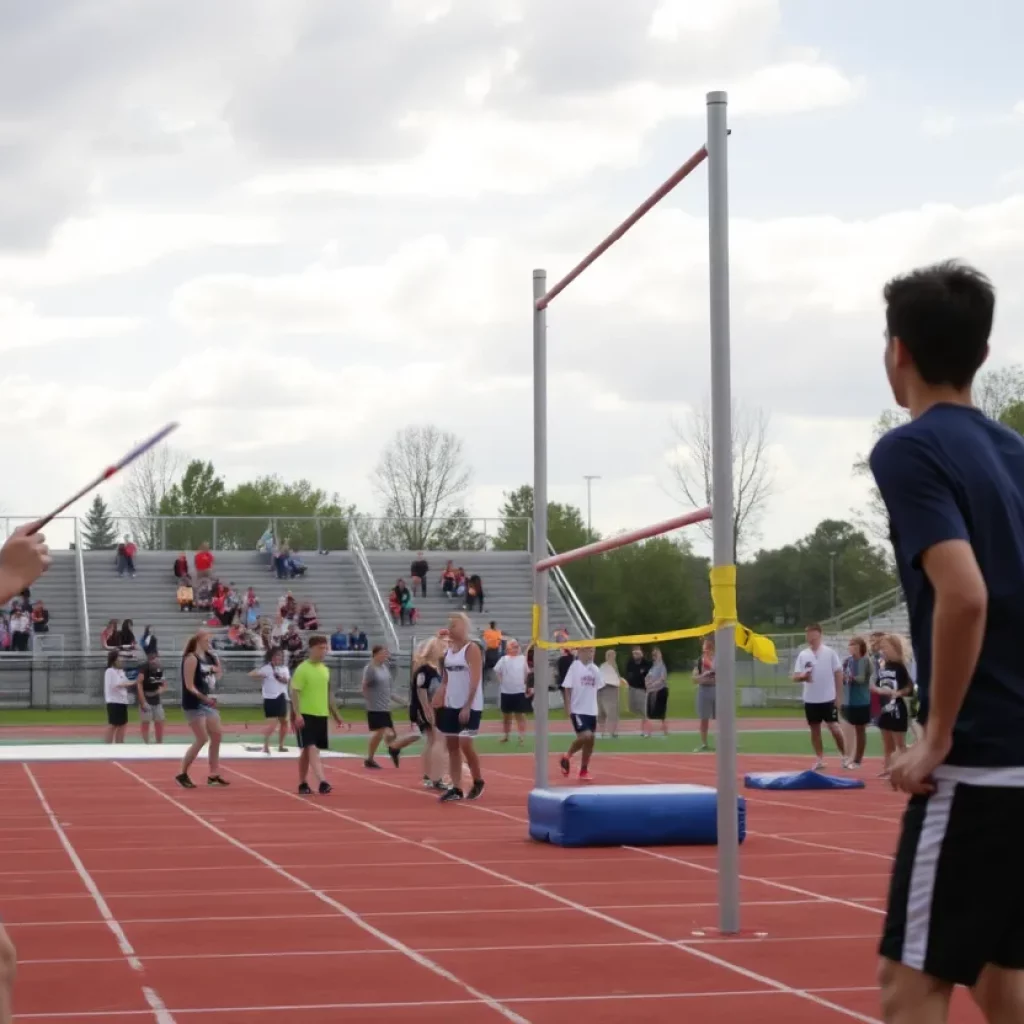 Athletes competing in javelin, pole vault, and high jump during a high school athletics event