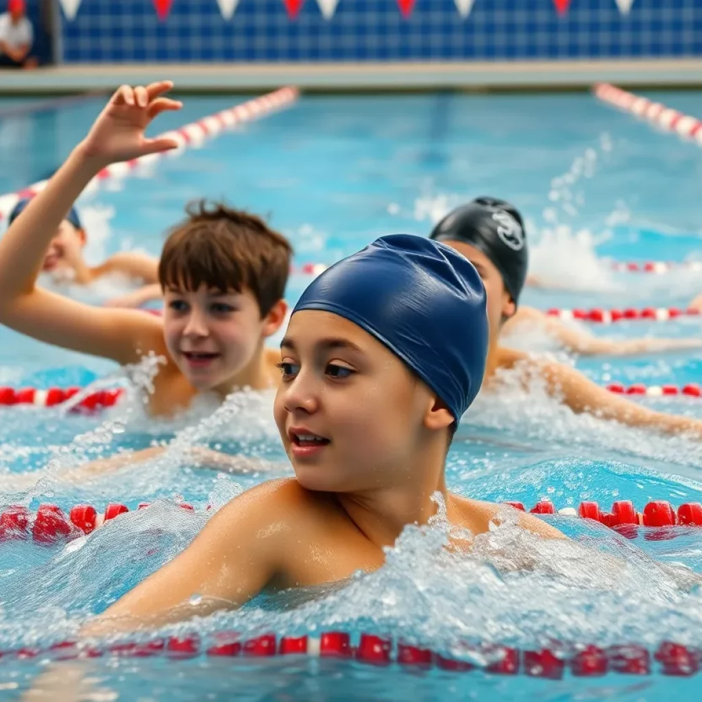 Swimmers competing in a race at a university pool.