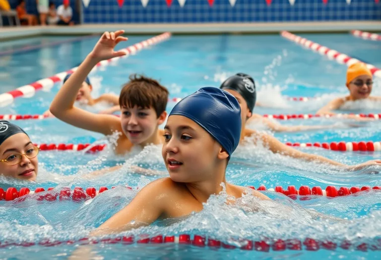 Swimmers competing in a race at a university pool.