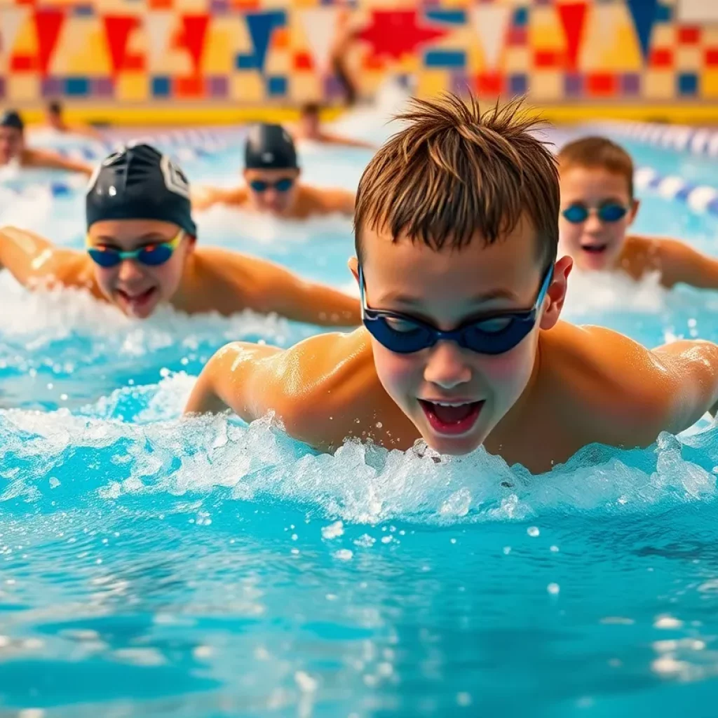 Youth swimmer competing in a vibrant pool race.