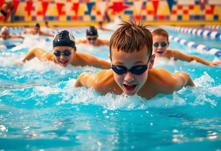 Youth swimmer competing in a vibrant pool race.