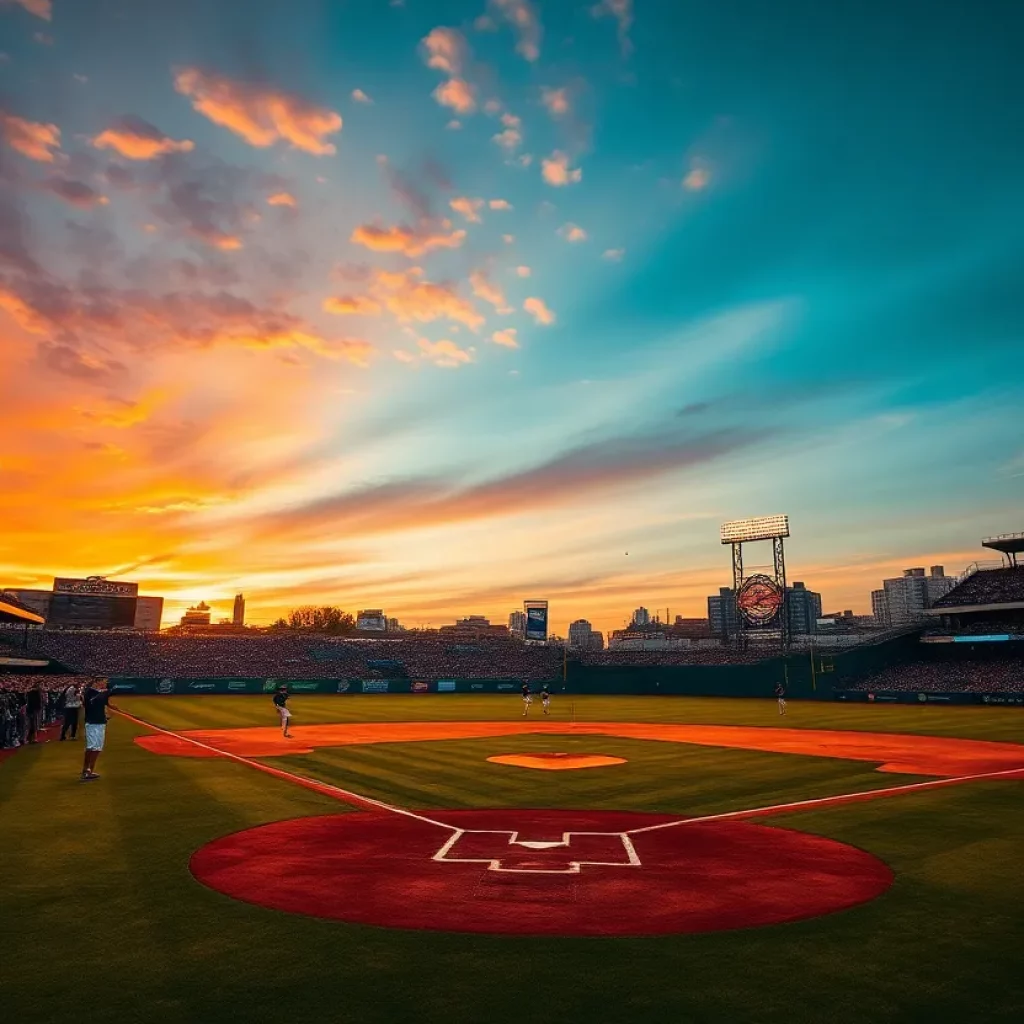 Action shot of a baseball game with players and cheering fans