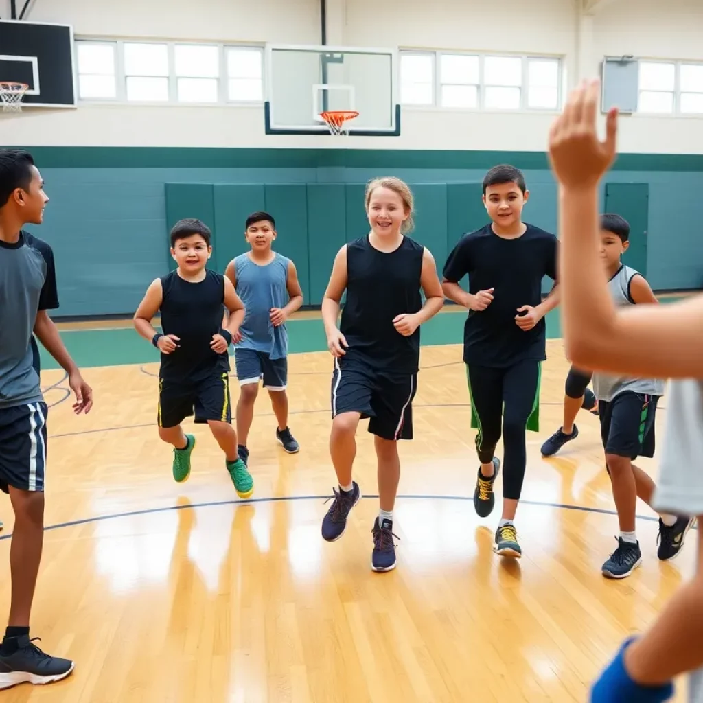 Young athletes practicing basketball skills at a camp