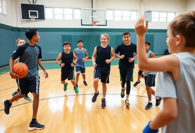 Young athletes practicing basketball skills at a camp