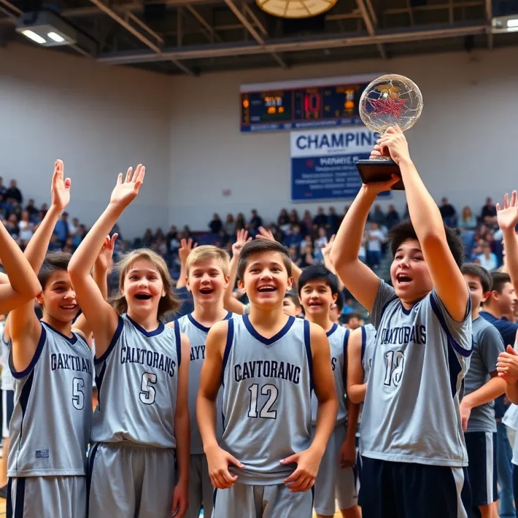 High school basketball team celebrating victory