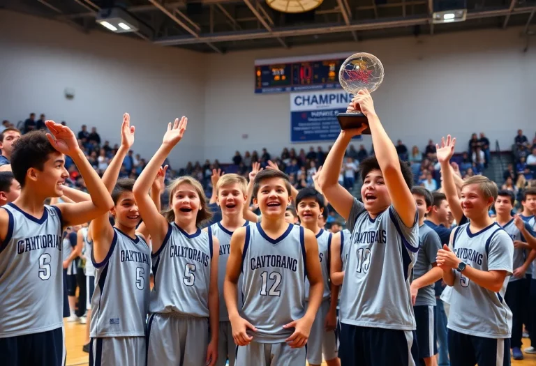 High school basketball team celebrating victory