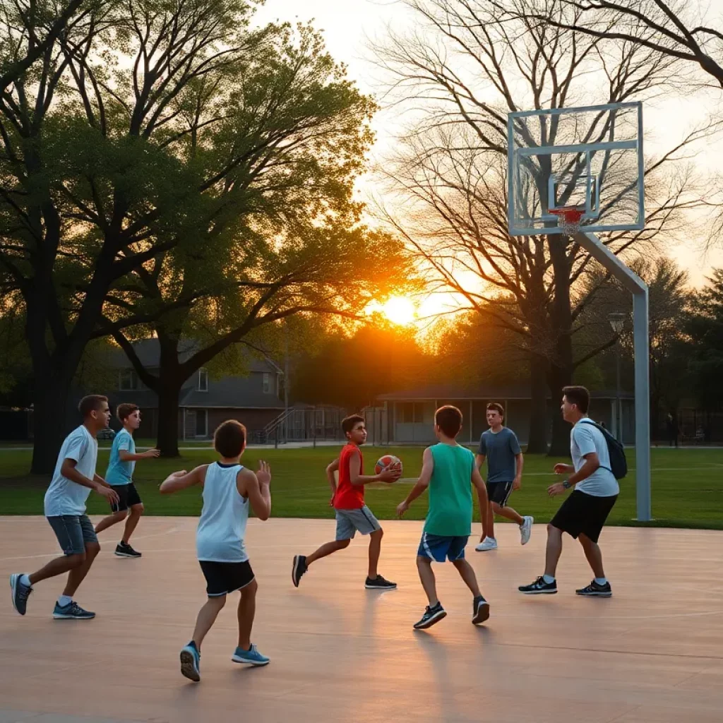 Youth playing basketball in a park at sunset