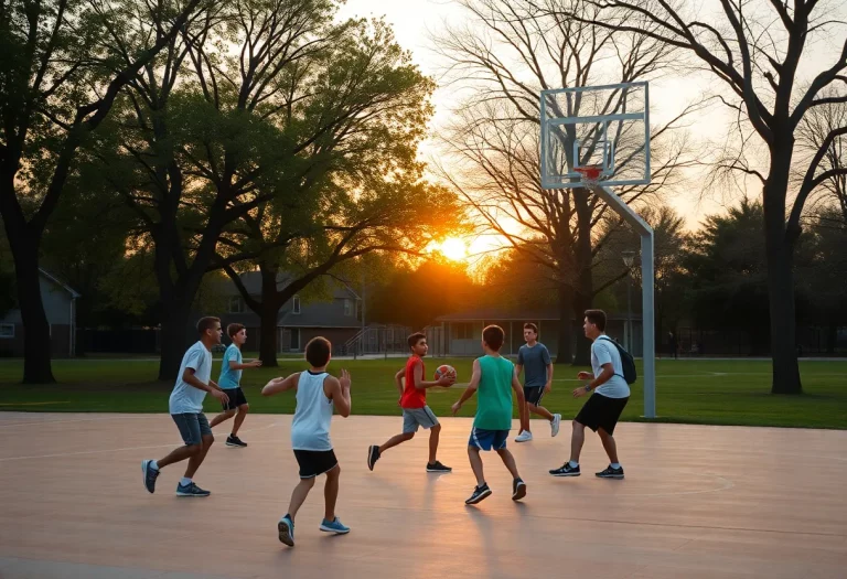 Youth playing basketball in a park at sunset