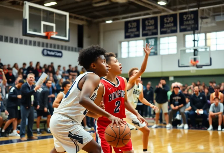 Young basketball players competing at a recruiting event