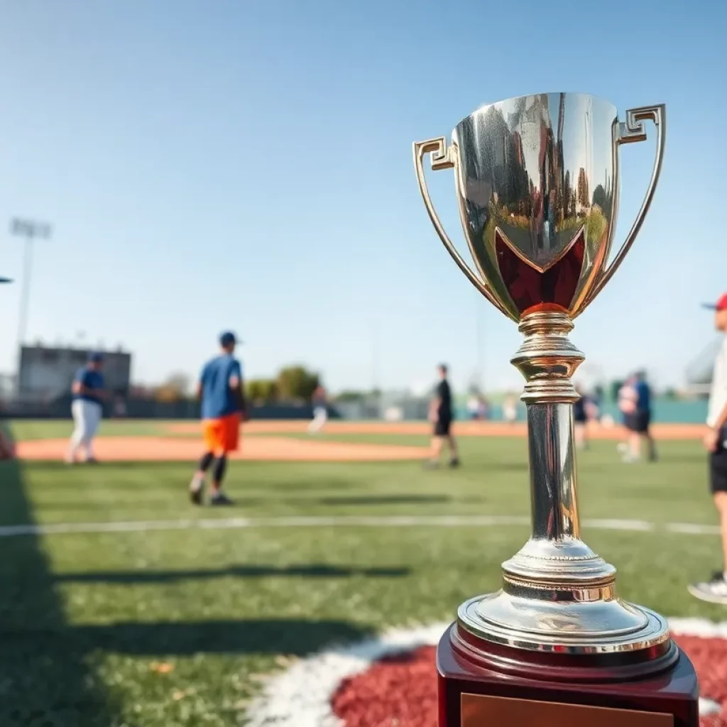 Baseball field with young athletes and trophy
