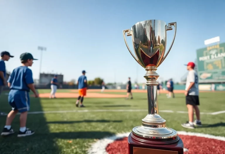 Baseball field with young athletes and trophy