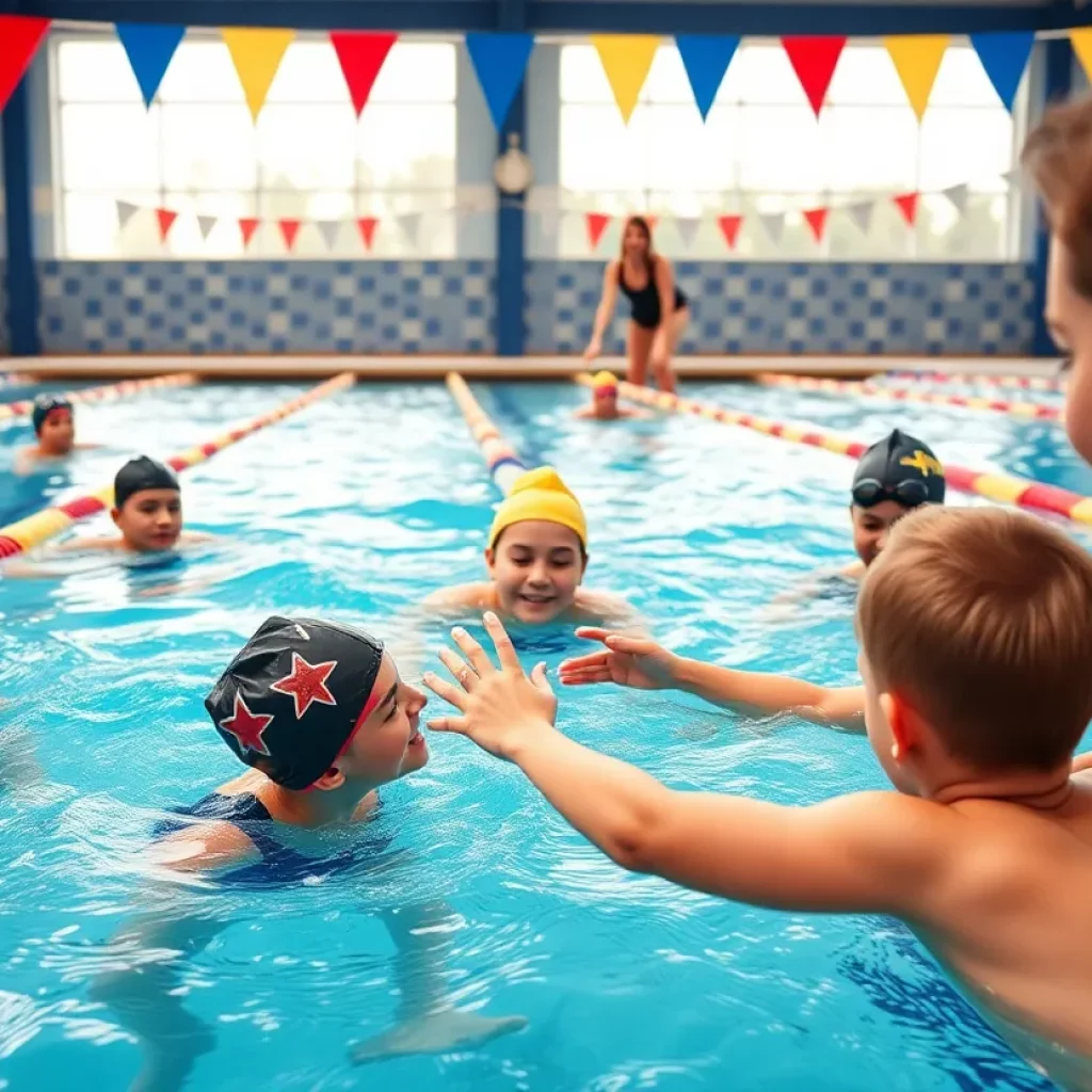 Young swimmers practicing at a pool with coaches