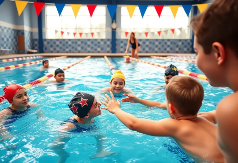 Young swimmers practicing at a pool with coaches