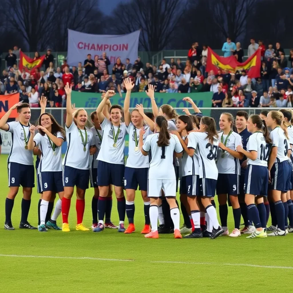 Bemidji High School soccer players celebrating their championship win