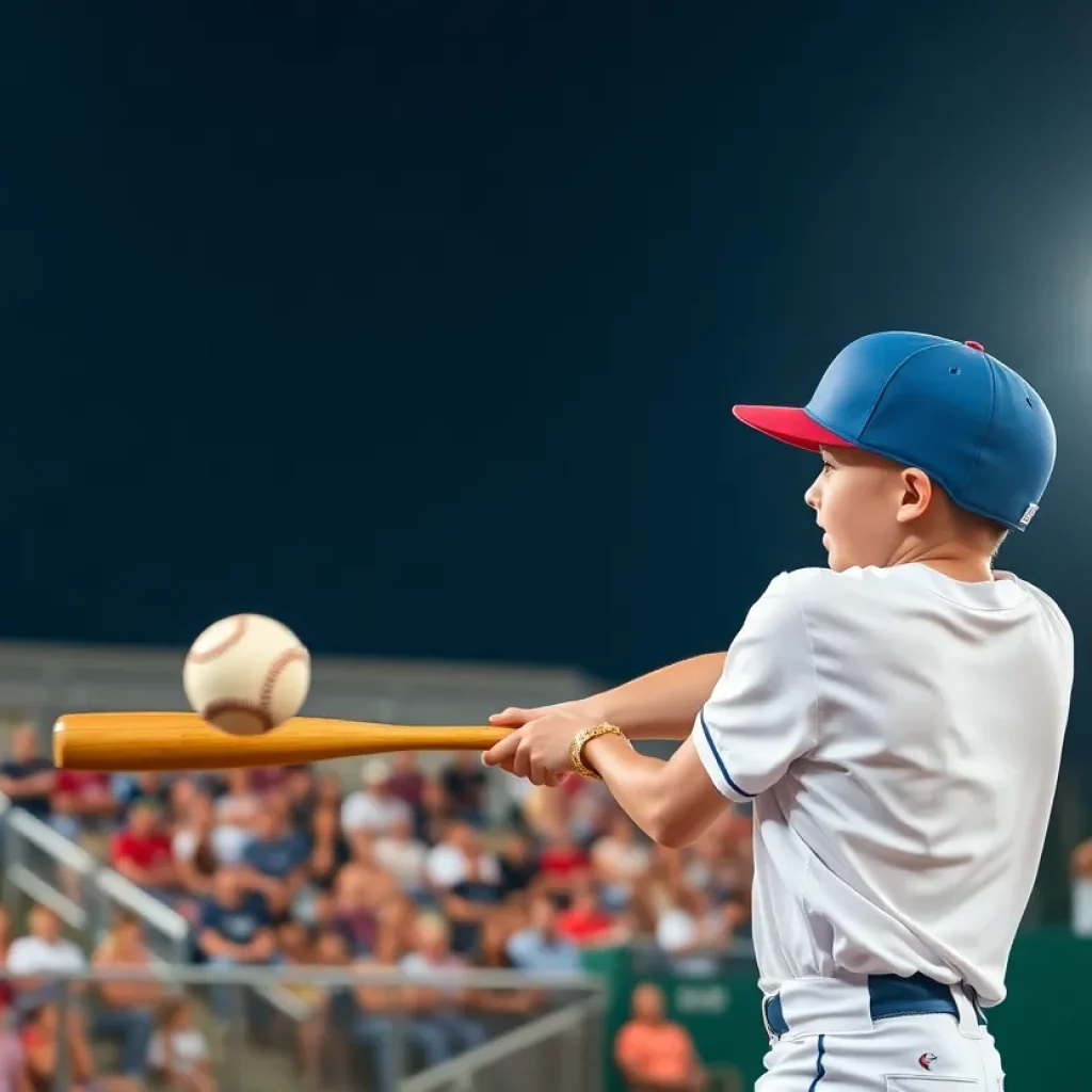 Young athlete hitting a baseball during a game.