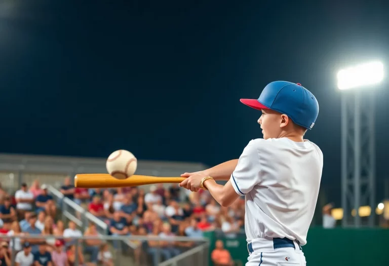 Young athlete hitting a baseball during a game.
