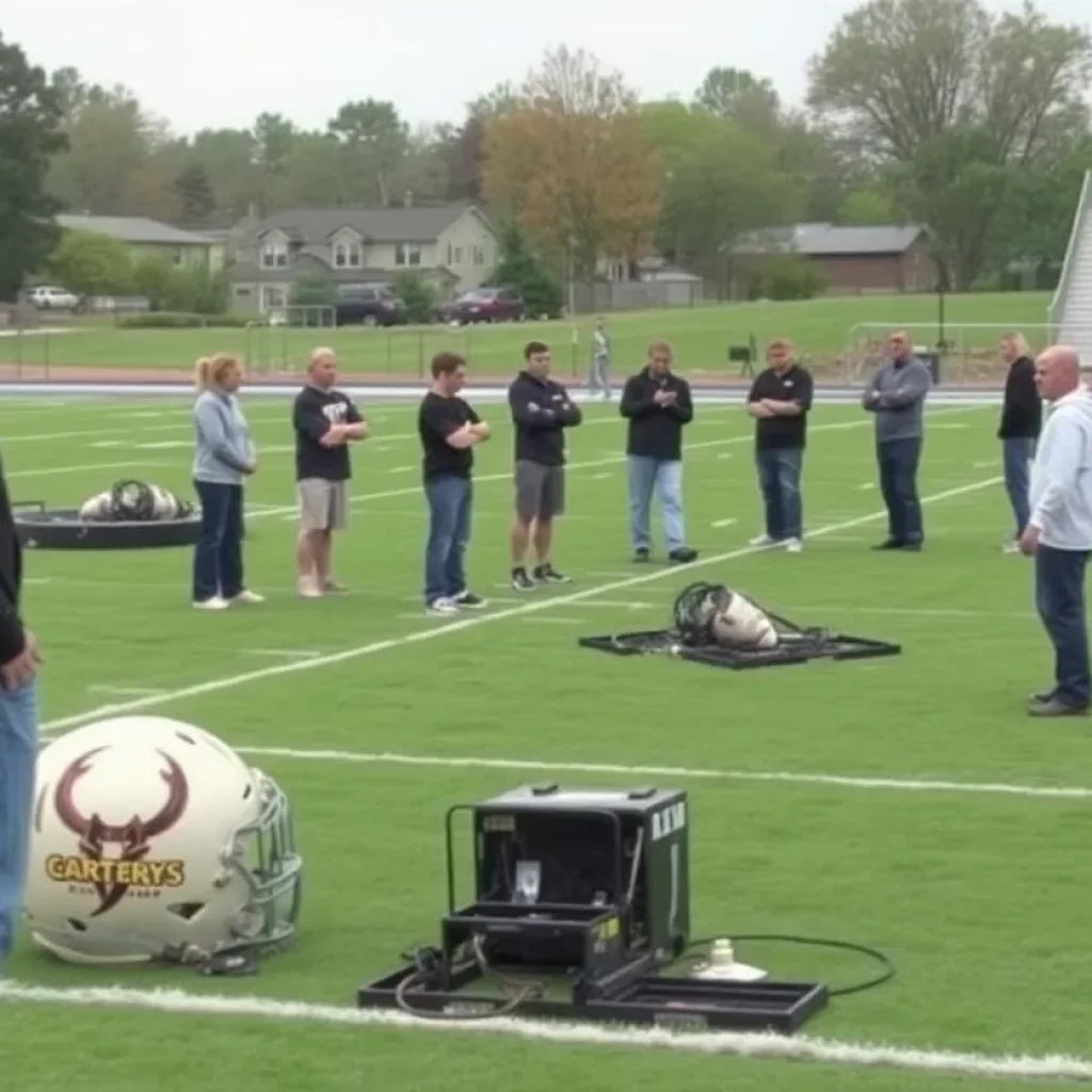 Damaged football field at Benton Harbor High School after fire incident.