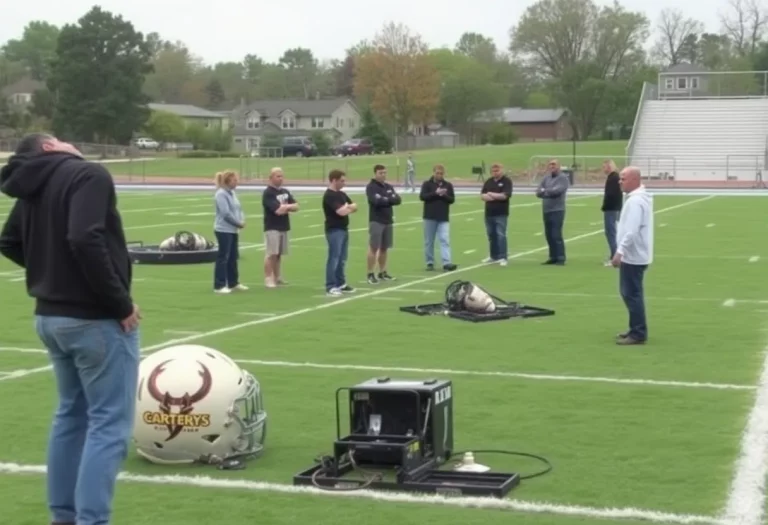 Damaged football field at Benton Harbor High School after fire incident.