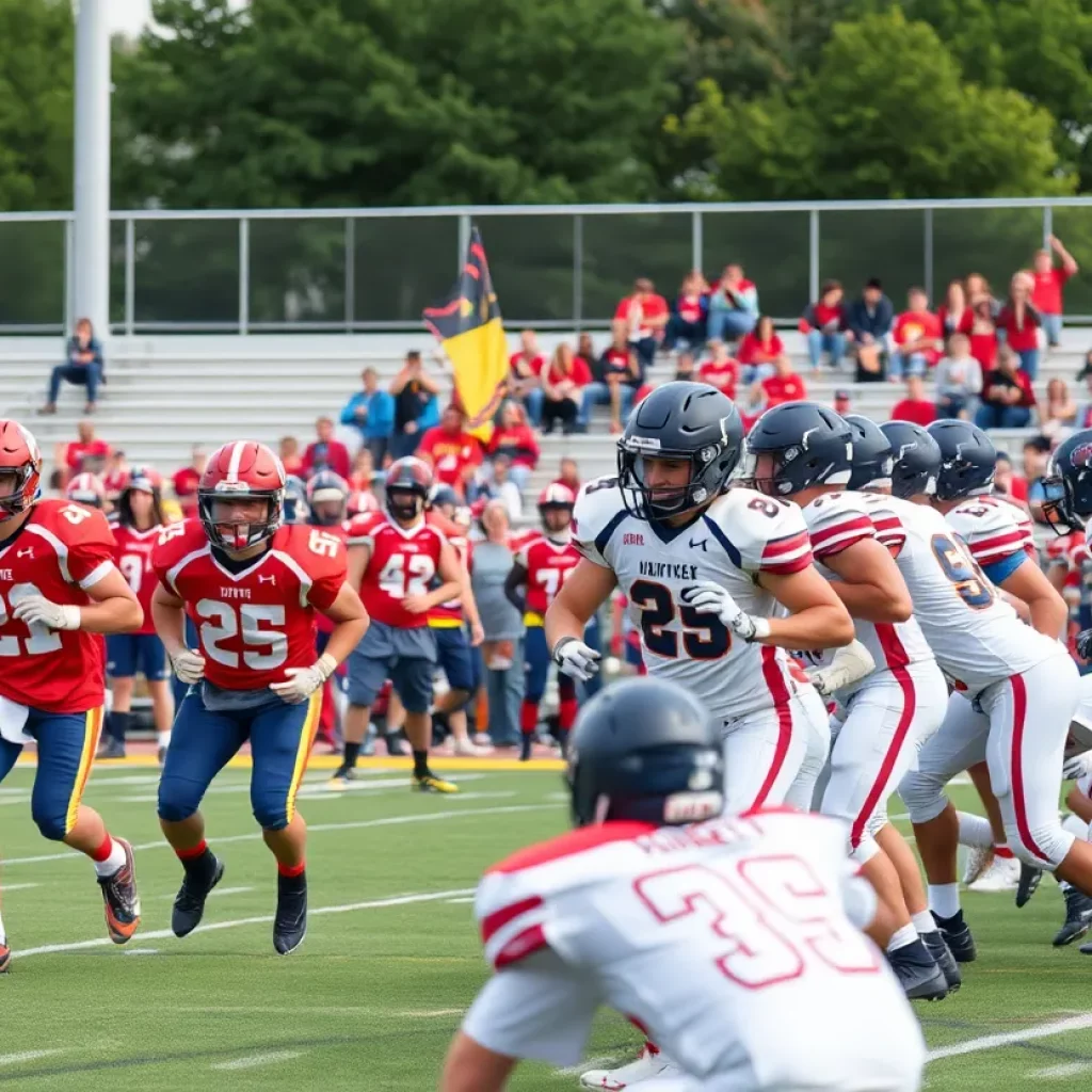 High school football players practicing on the field with fans cheering in the background