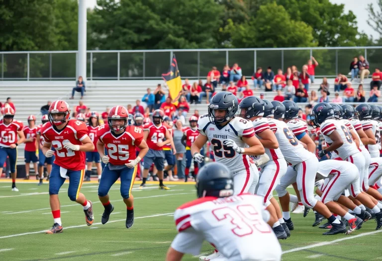 High school football players practicing on the field with fans cheering in the background