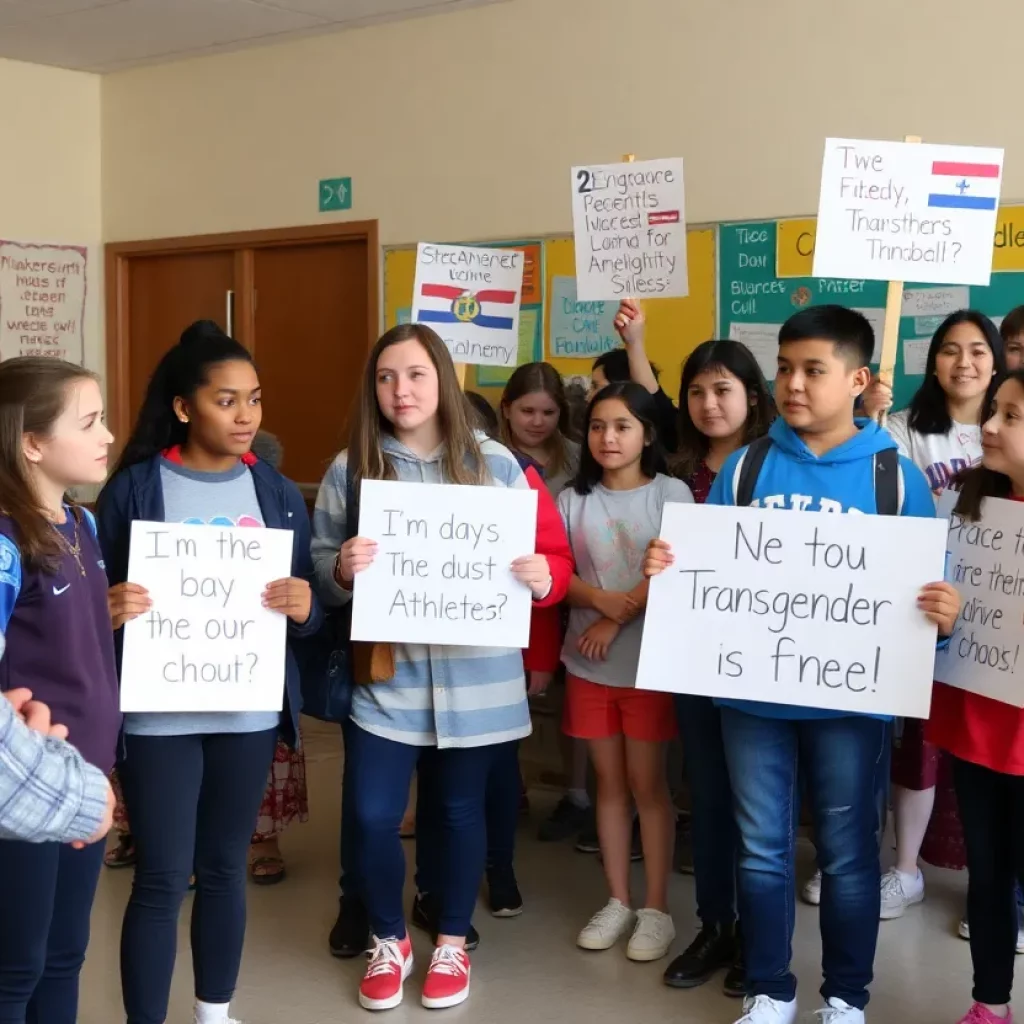 Parents protesting at Bow School District against school policies on transgender athletes.