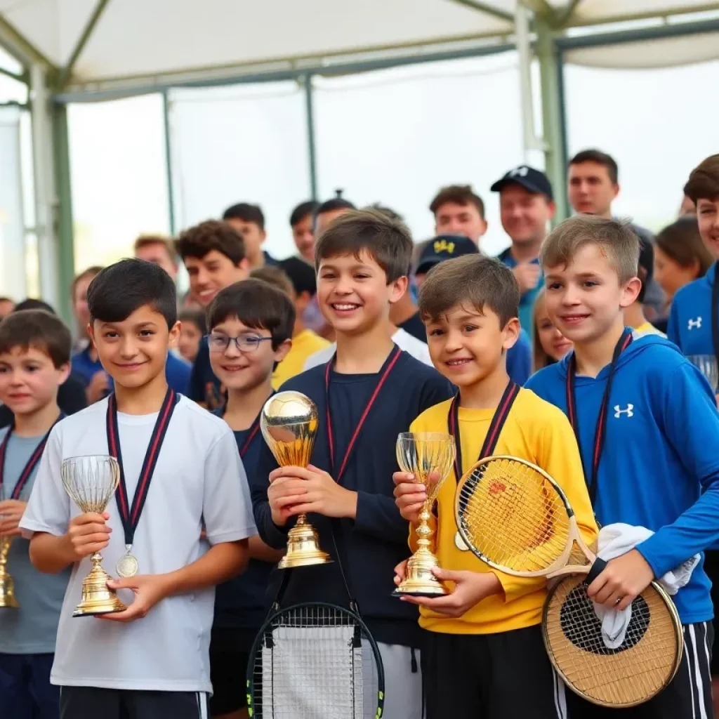 Celebration of boys' tennis awards with athletes and trophies