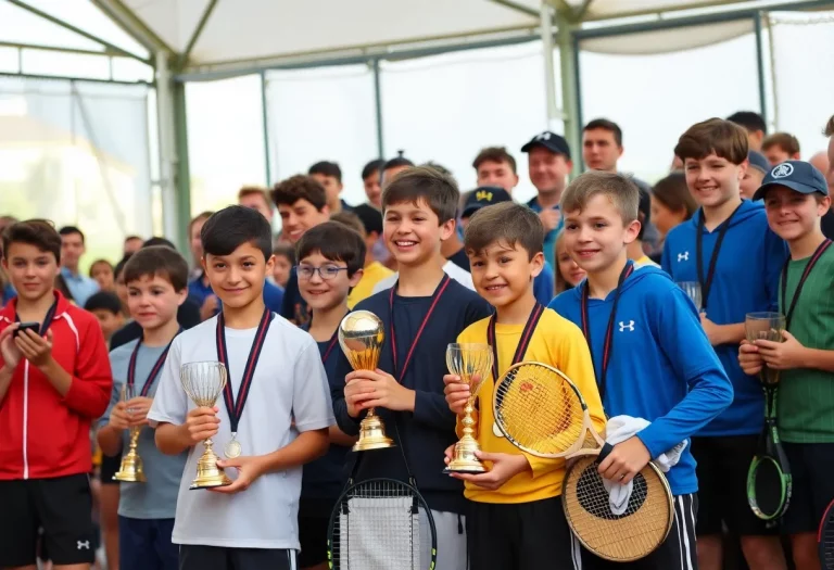 Celebration of boys' tennis awards with athletes and trophies