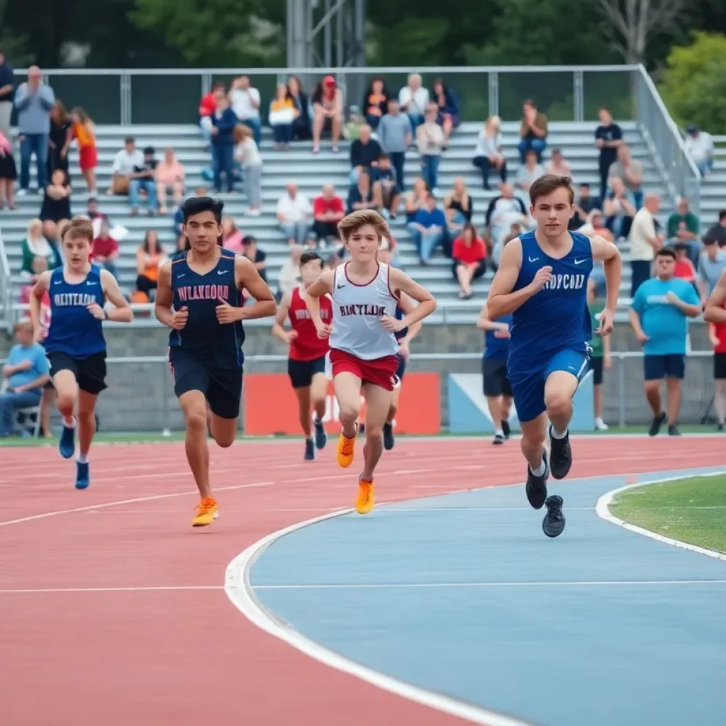 Athletes competing in a boys track and field event with fans cheering in the background