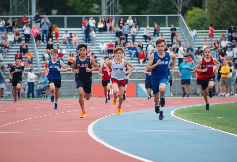 Athletes competing in a boys track and field event with fans cheering in the background