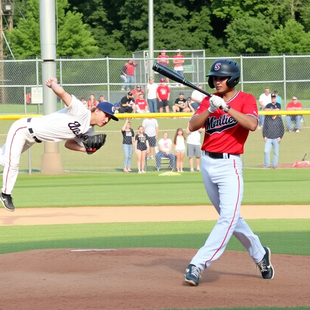 High school baseball game with a pitcher throwing and a batter ready to hit.