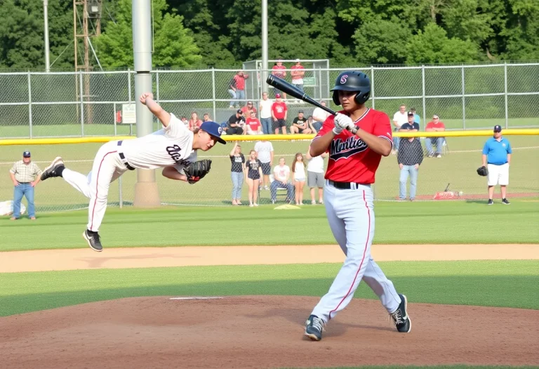 High school baseball game with a pitcher throwing and a batter ready to hit.