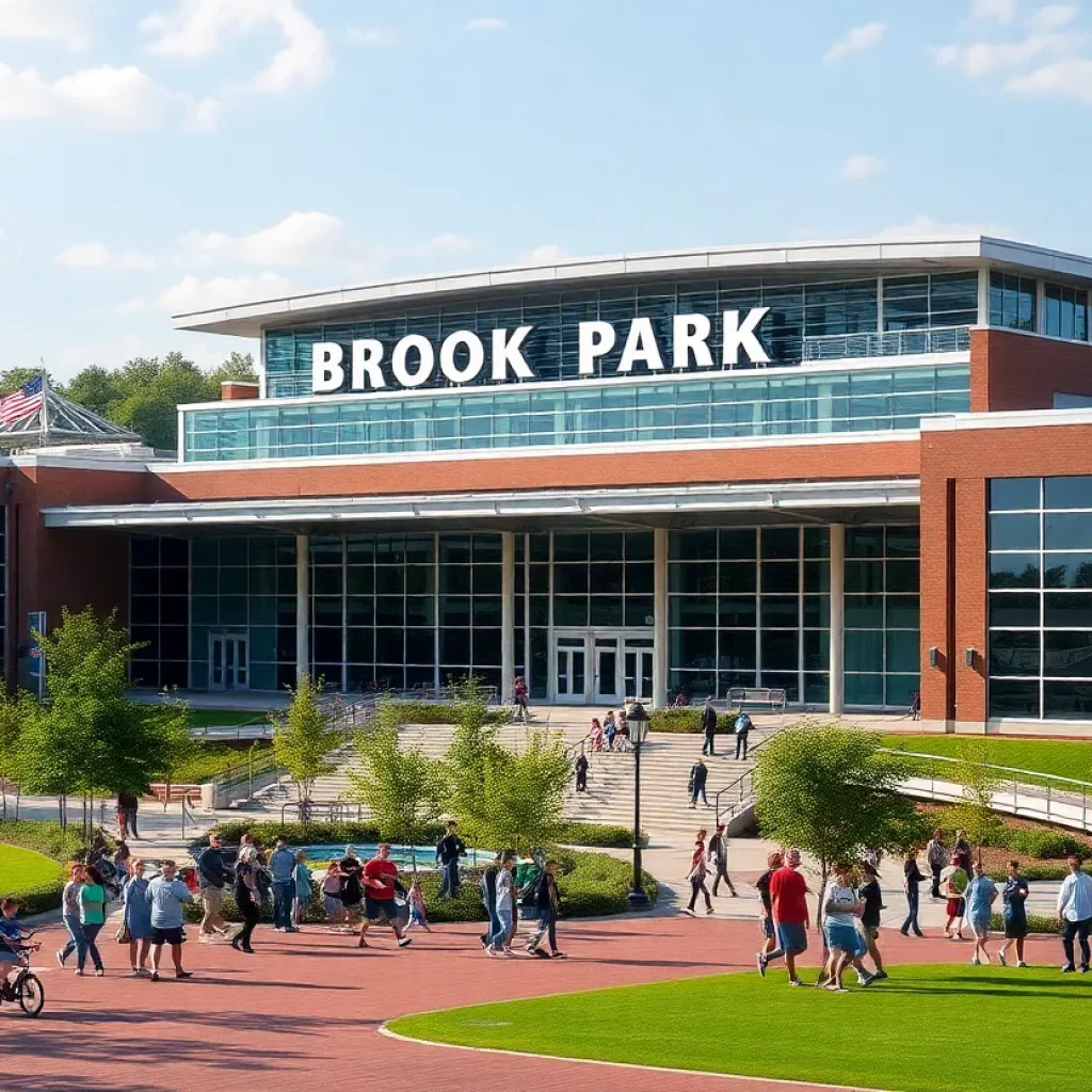 Exterior view of the new National High School Football Hall of Fame in Brook Park, Ohio, with people enjoying the area.
