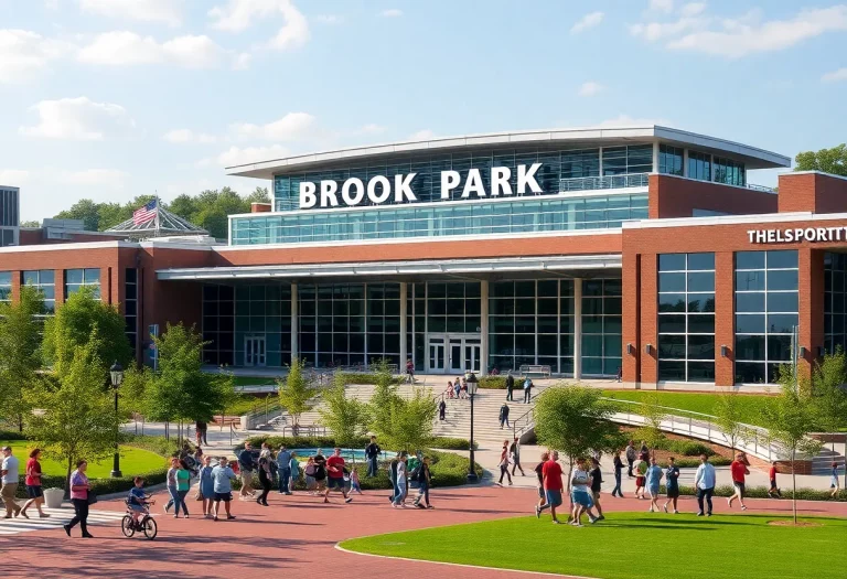 Exterior view of the new National High School Football Hall of Fame in Brook Park, Ohio, with people enjoying the area.