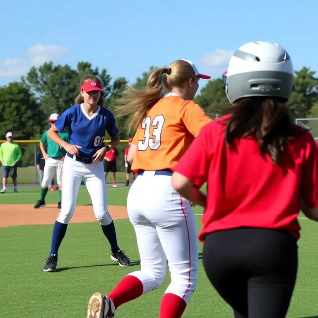 High school softball athletes playing during a game in Pennsylvania.