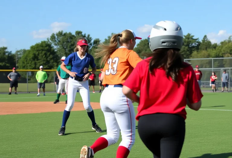 High school softball athletes playing during a game in Pennsylvania.