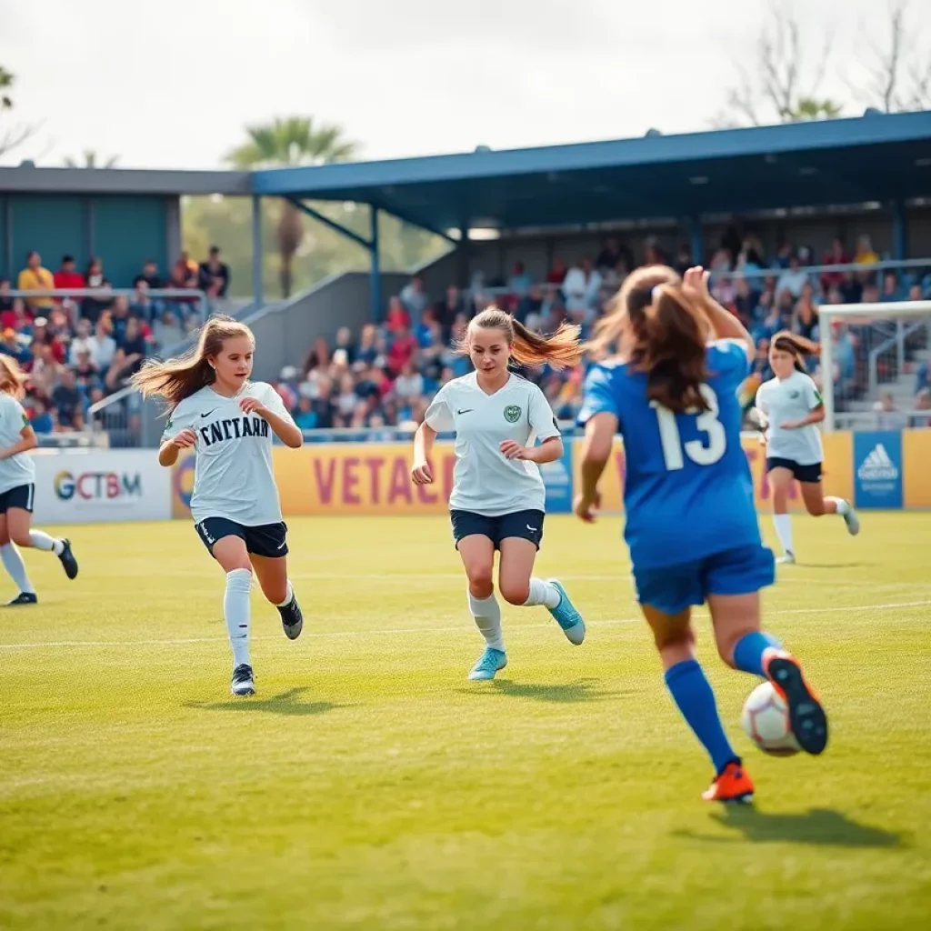 Girls soccer team playing on the field during their inaugural match in Buffalo.