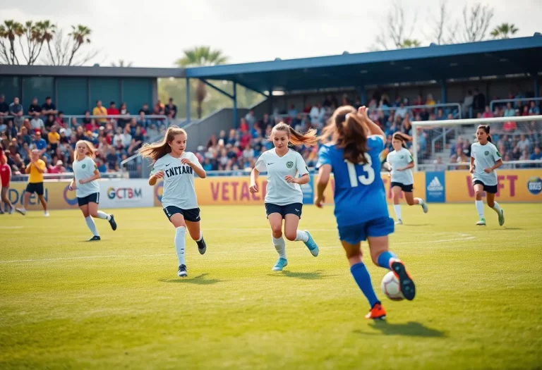 Girls soccer team playing on the field during their inaugural match in Buffalo.