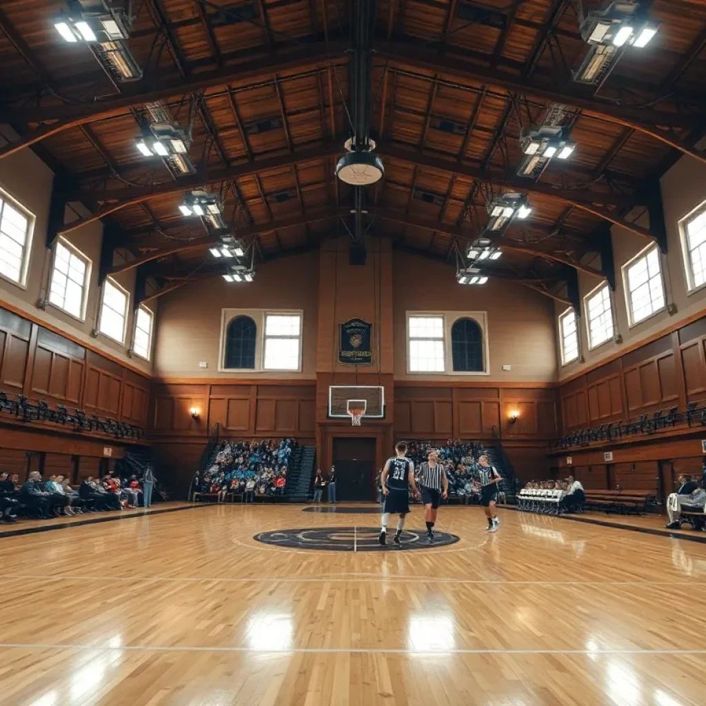 Interior view of the refurbished Cabby O’Neill Gymnasium filled with cheering fans.