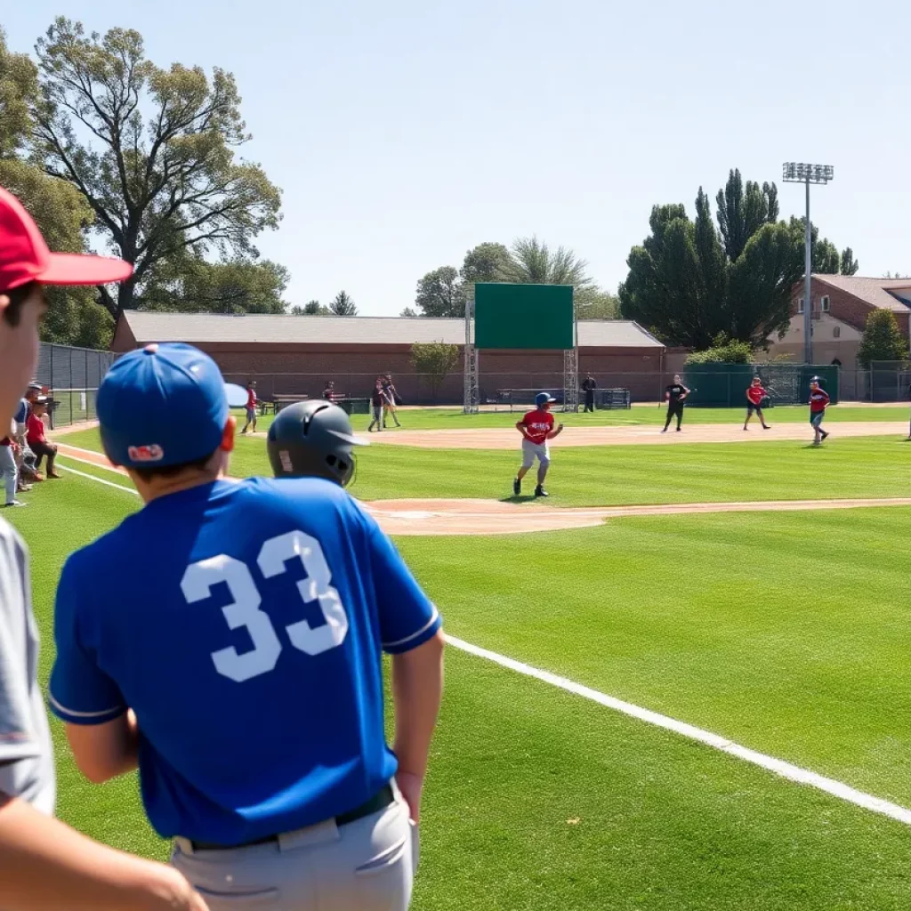 High school baseball players practicing on a field in California