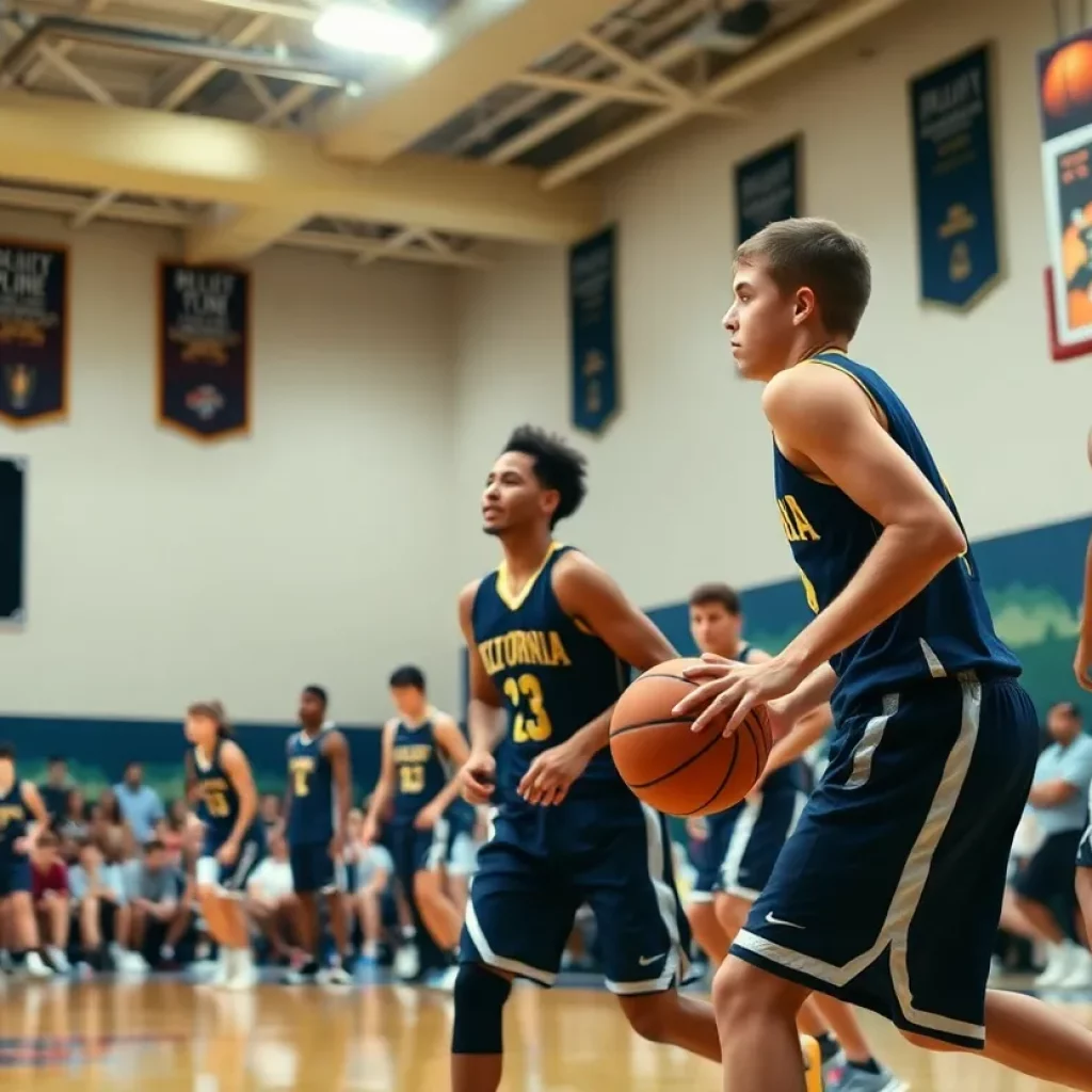 Energetic basketball game with high school athletes in California.