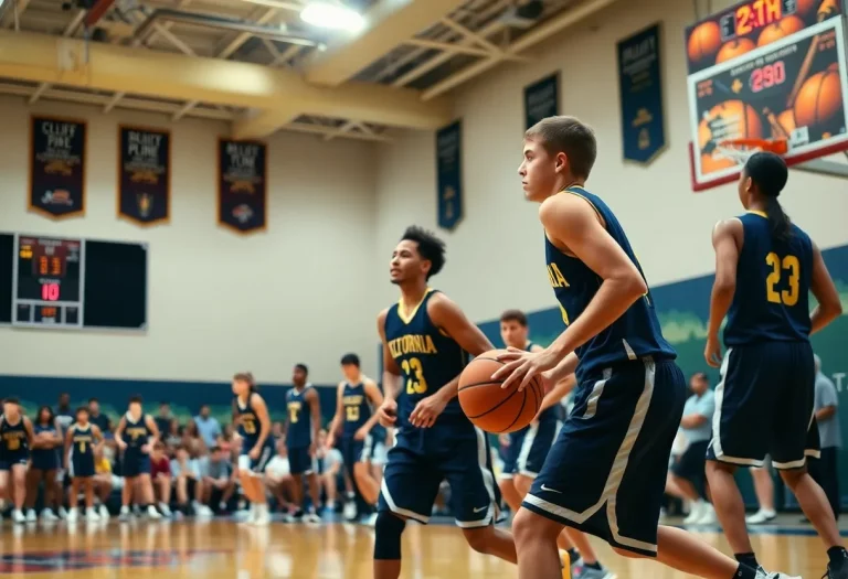 Energetic basketball game with high school athletes in California.
