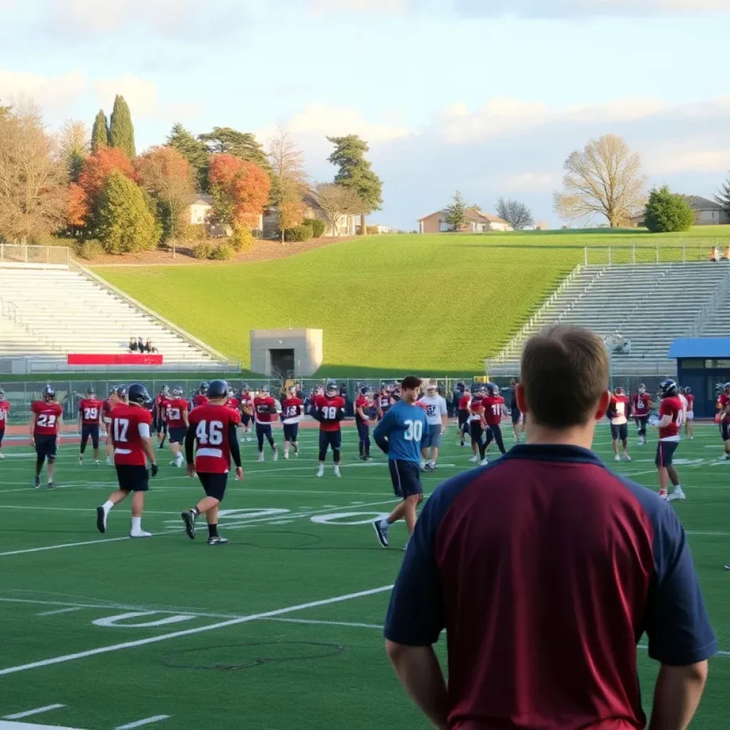 High school football players practicing on a field in California