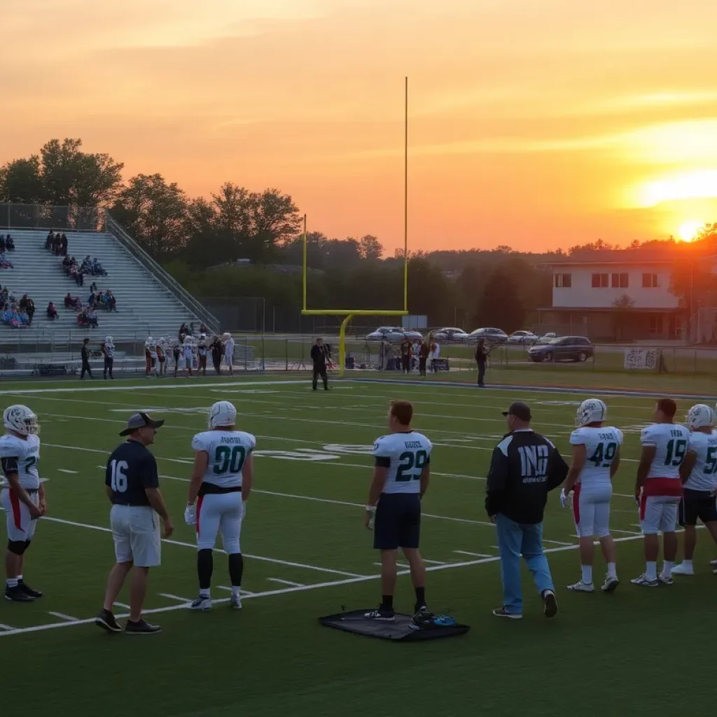 High school football practice with players and coaches