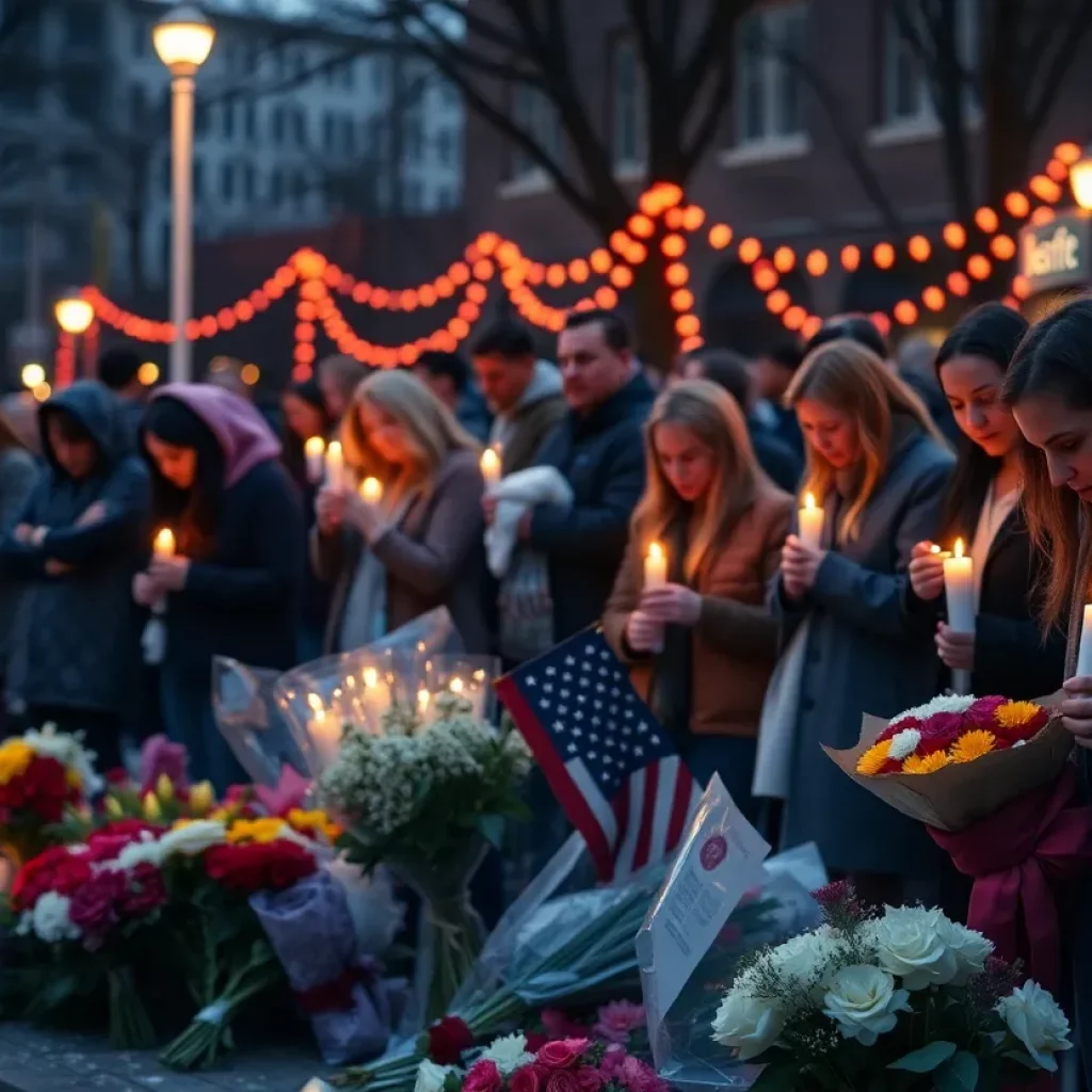 Vigil for the victim of a shooting in Carrollton, Georgia, with candles and flowers.