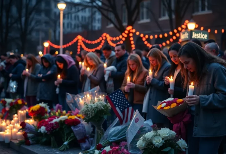 Vigil for the victim of a shooting in Carrollton, Georgia, with candles and flowers.
