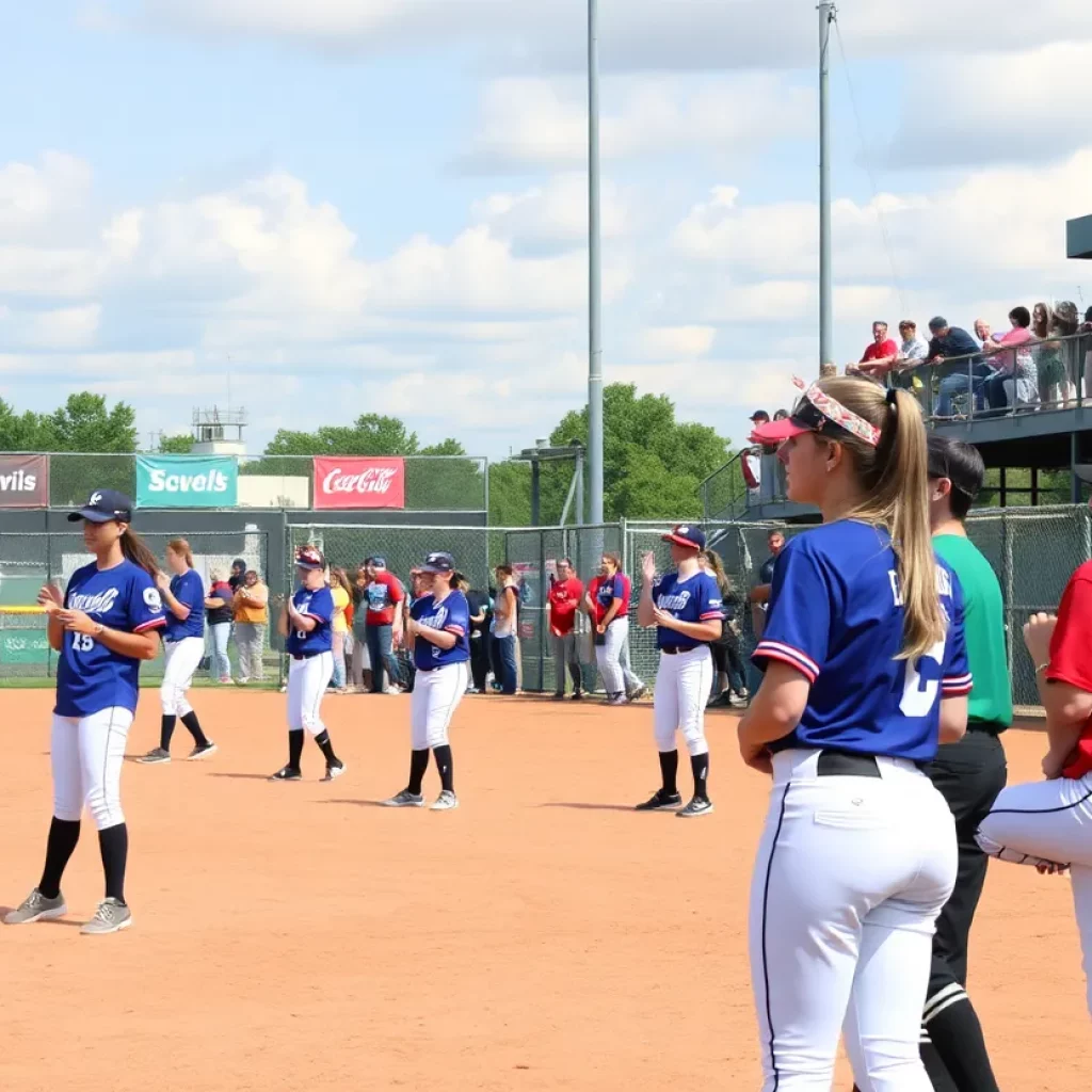 Carrollton softball team warming up on the field