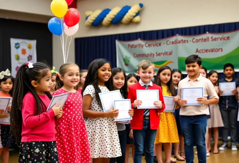 Students celebrating award achievements at school event