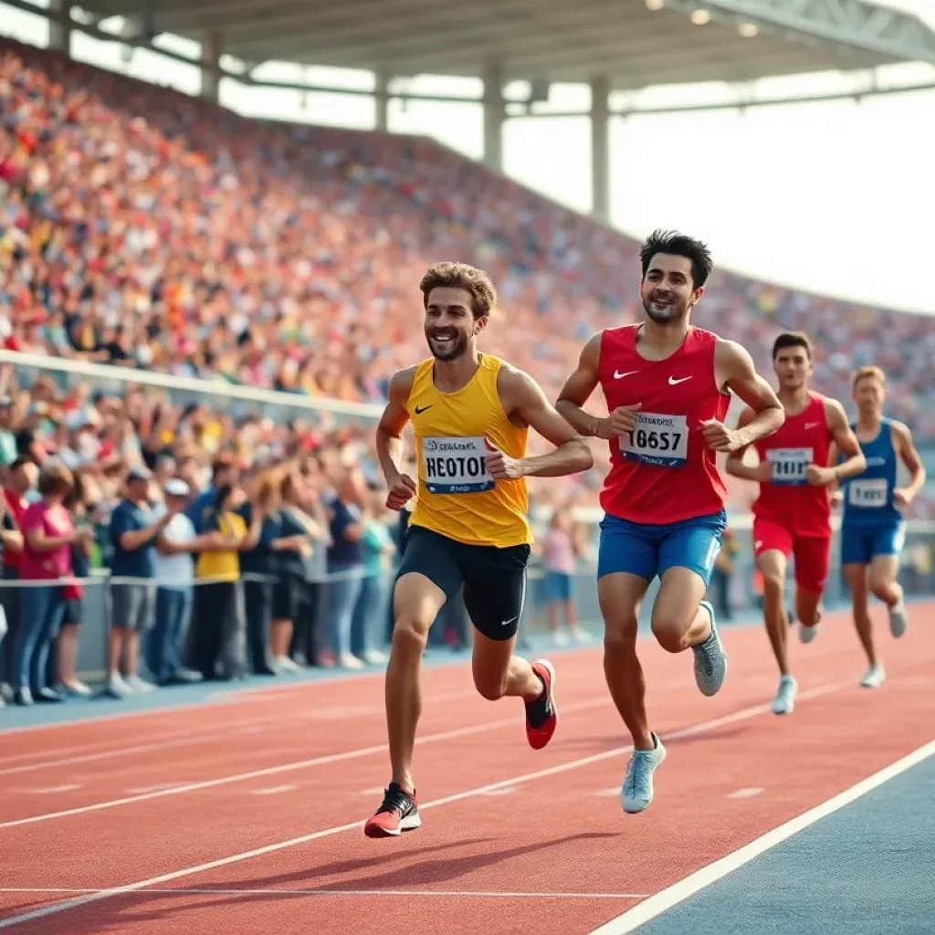 Athletes celebrating in a track and field event