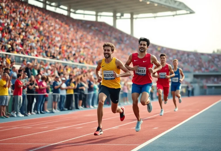 Athletes celebrating in a track and field event