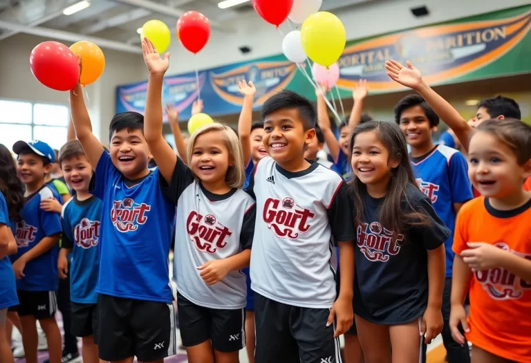 A joyous celebration of young athletes with balloons and family support